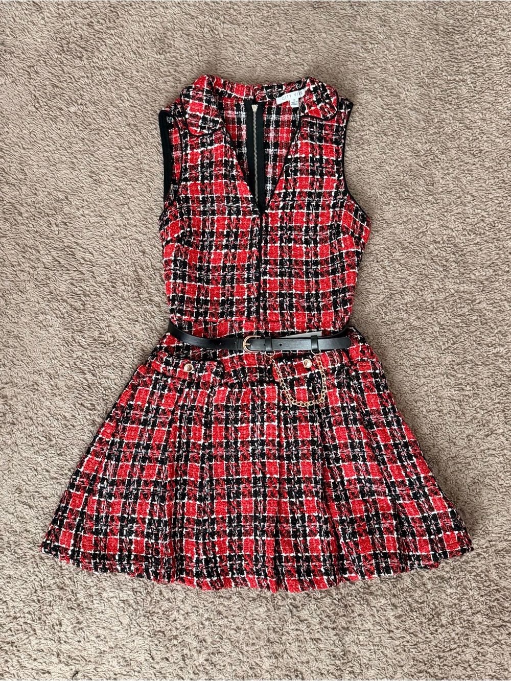 Red Plaid Tweed Sleeveless Belted Dress - Picture 1 of 3